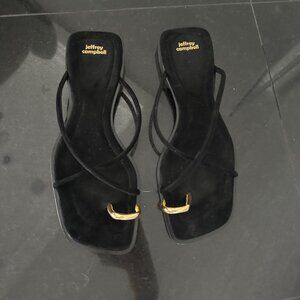 Jeffrey Campbell Islander Slide Sandal In Black Suede Gold